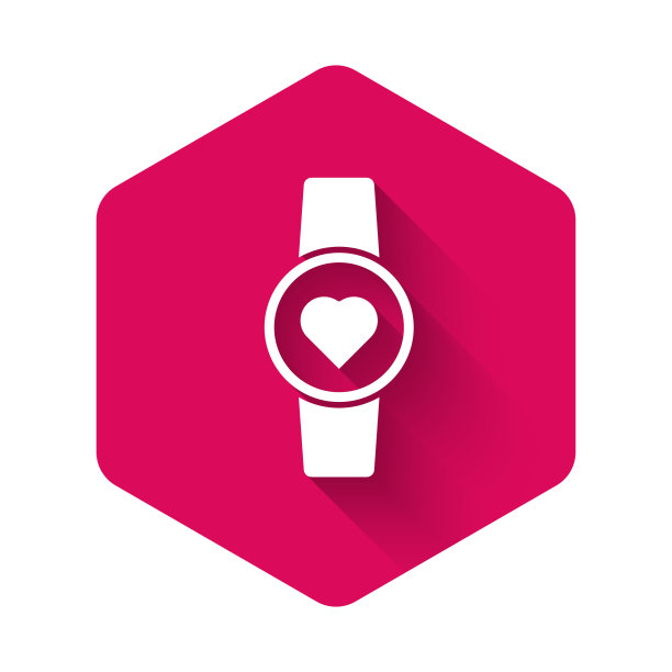白色智能手表显示心跳率图标孤立与长影子。健身应用程序的概念。粉红色的六角按钮。矢量图图片下载