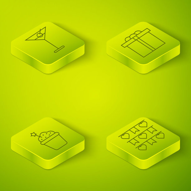 设置等距礼盒，蛋糕，嘉年华花环旗和马提尼玻璃图标。向量图片下载