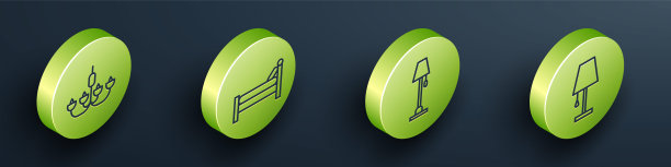 设置等距吊灯，床，落地灯和台灯图标。向量图片下载