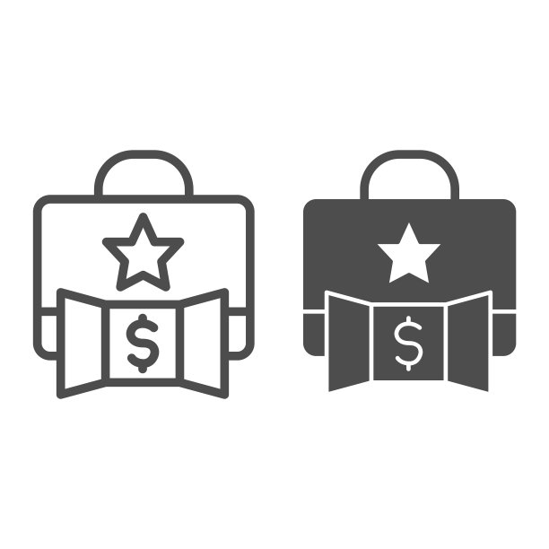 带有美元线条和实体图标的促销组合。精英公文包通过星形符号获利，白色背景上的轮廓样式象形图。用于移动和网页设计的省钱商业标志。图片下载