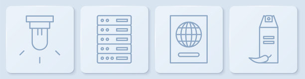 设置线运动传感器，护照，服务器，数据，网络托管和胡椒喷雾。白色正方形按钮。向量图片下载