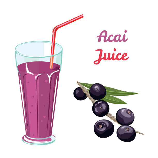巴西莓汁在一个玻璃玻璃隔离在白色的背景。矢量插图的健康有机饮料和新鲜浆果在卡通平面风格。图片下载
