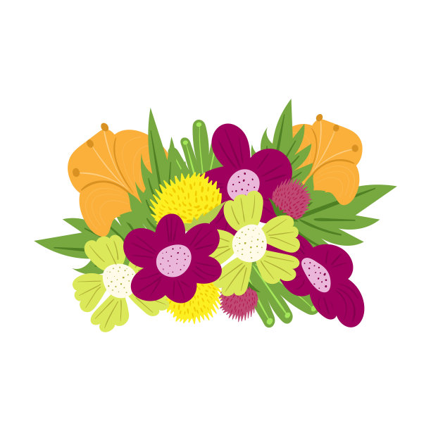 盛开的花和叶平面矢量插图。图片下载