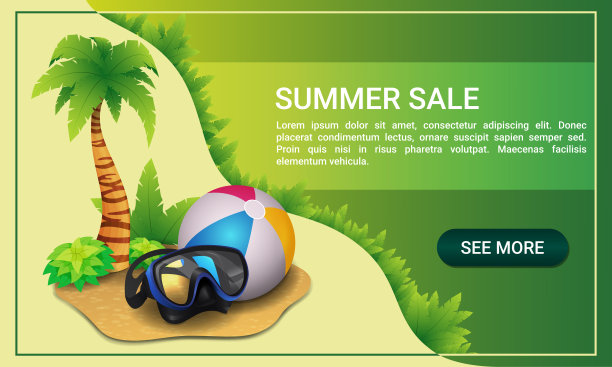 夏天出售。水平横幅为您的网站与弹性球，水肺眼镜和手掌。图片下载