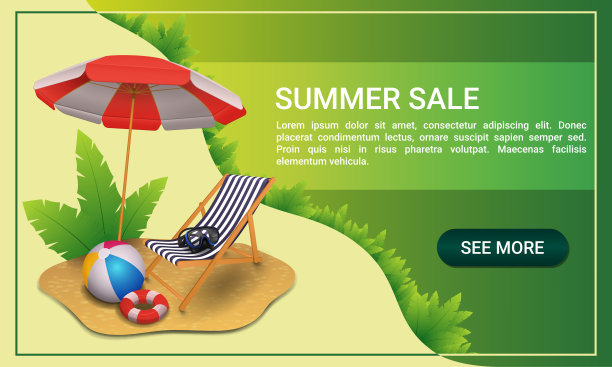 夏天出售。水平横幅为您的网站与海滩伞，充气球，救生圈，水肺眼镜和一个海滩躺椅。图片下载