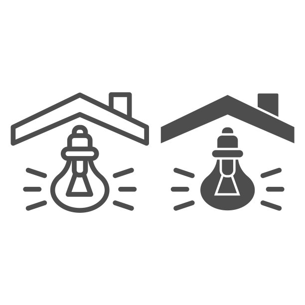 屋顶下的灯泡线和固体图标。房子灯在符号上，灯在白色背景上轮廓风格象形。手机用电标识概念，网页设计。矢量图形。图片下载