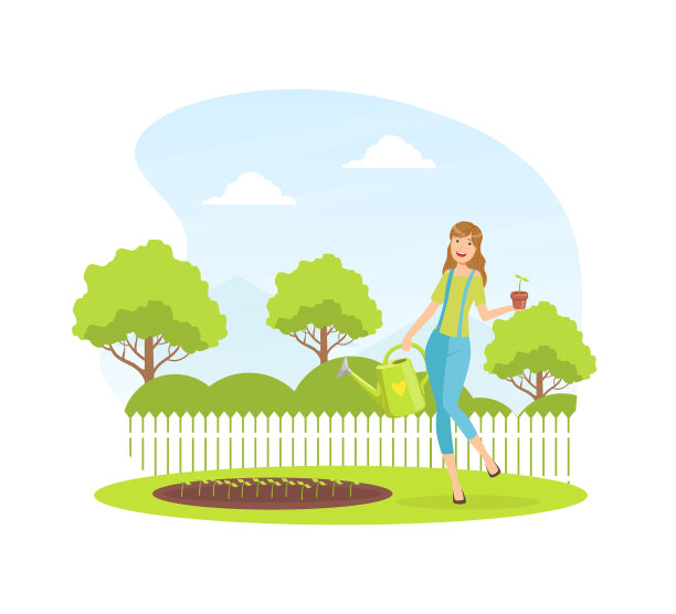 年轻女子在花园浇水和种植幼苗在春天矢量插图图片下载
