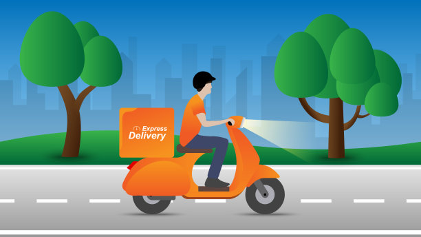 快递或快速配送理念。快递员在城市的摩托车平面设计矢量插图。图片下载