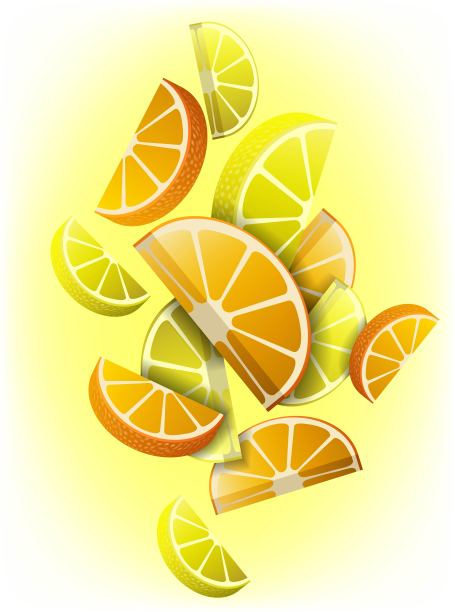 灯光背景下的三维柠檬和橘子。图片下载