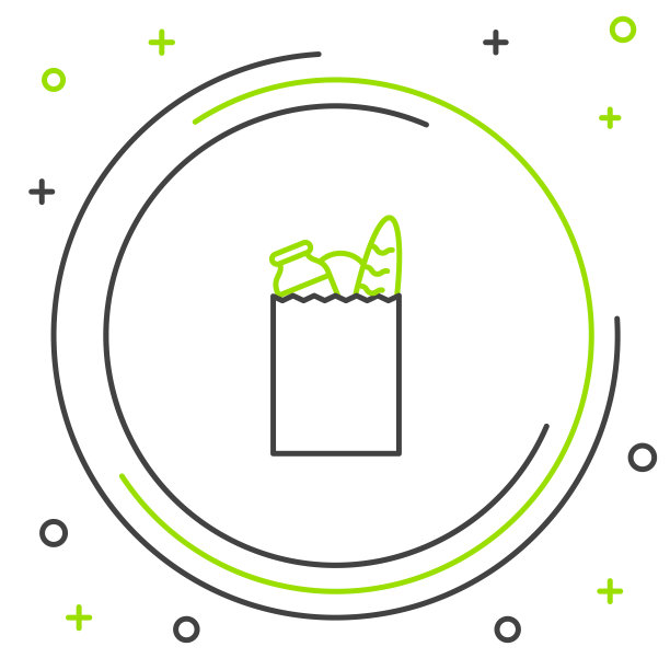 黑色和绿色线纸质购物袋和食品图标孤立在白色背景。食品商店,超市。色彩斑斓的轮廓的概念。矢量图图片下载