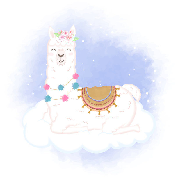 可爱的羊驼在云中手绘卡通水彩插图图片下载