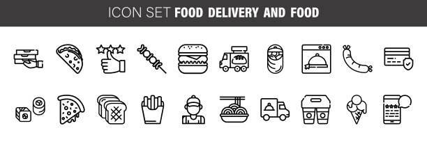 线图标设置送餐服务元素。网页和应用程序设计和开发的现代设计图标图片下载