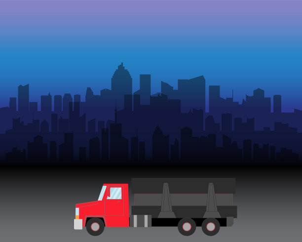 矢量图的交付卡车上的城市剪影。运输货物的运输图片下载