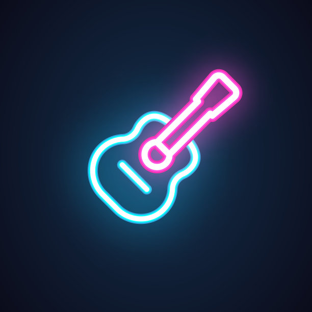 吉他氖图标。音乐商店、夜总会、酒吧、酒吧、音乐会、培训班的发光标志。乐器发光的标签。广告牌的广告元素。在黑色上孤立的矢量图片下载