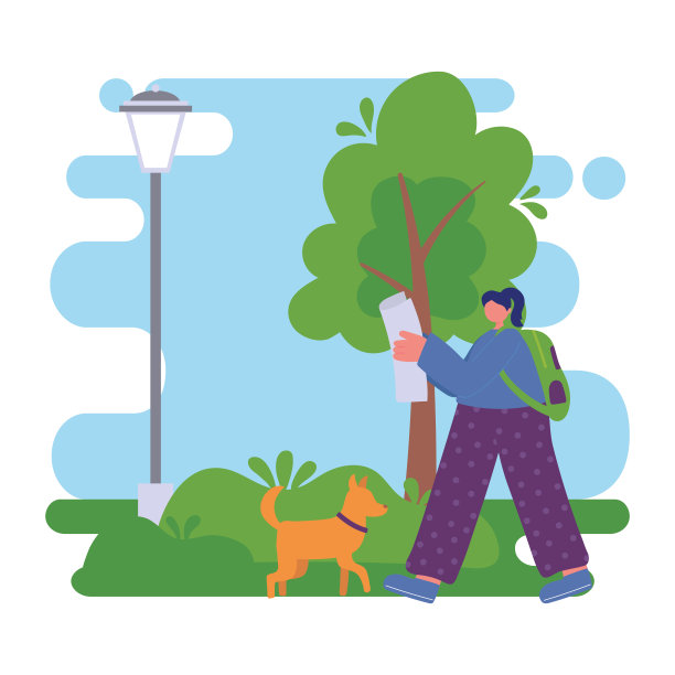 街头女人看报纸，带背包和狗图片下载