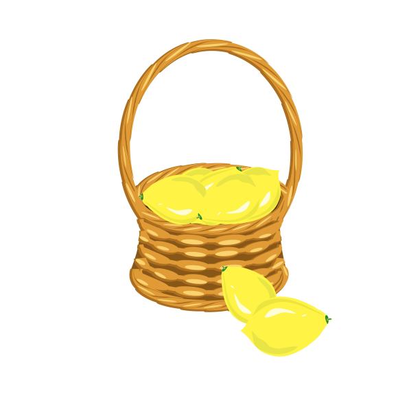 带藤的柳条篮子里的柠檬。黄色水果艺术设计元素对象孤立股票矢量插图图片下载