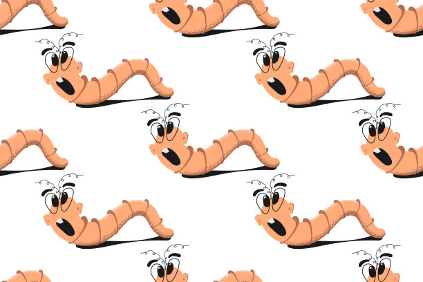 无缝图案有趣的幼虫。可爱的卡通蠕虫眼镜和害怕的脸。有趣的粉色蚯蚓人物孤立在白色背景上。矢量图图片下载