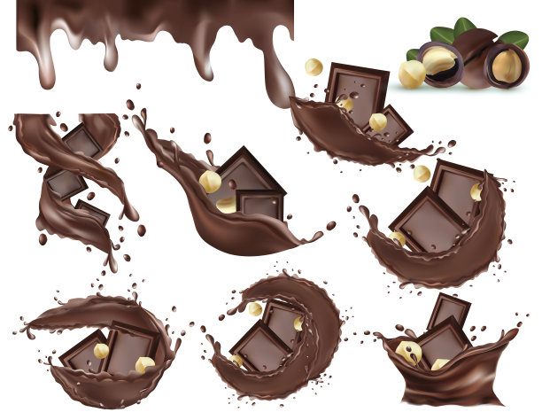 巧克力和坚果坚果。块巧克力滴透明背景。巧克力酱。可可。巧克力棒。设定现实的例证。图片下载