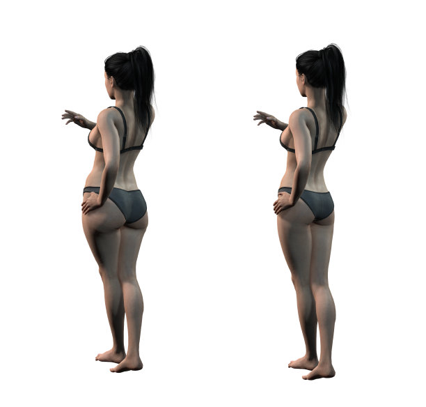 在锻炼臀部之前和之后。又胖又苗条的女孩的背。脂肪thig。抽脂。之前和之后。女性身体矫正3d插图图片下载