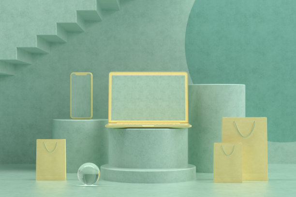 黑屏笔记本电脑，智能手机与购物袋的绿色背景，最小的设计图片下载