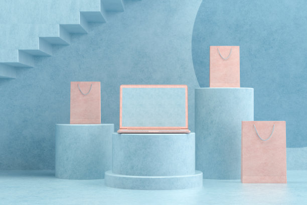 黑屏笔记本电脑与购物袋的蓝色背景，最小的设计图片下载