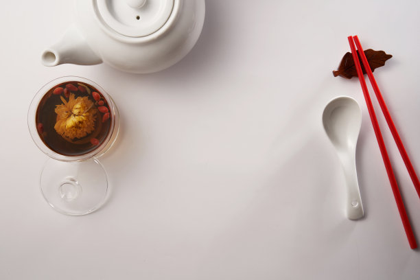 俯视图的筷子，勺子和茶壶图片下载