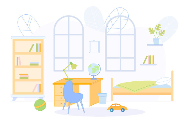 青少年卧室内设床、书桌、书架图片下载