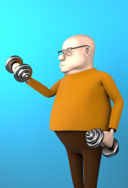 胖子在蓝色背景下练哑铃，3d渲染。图片下载