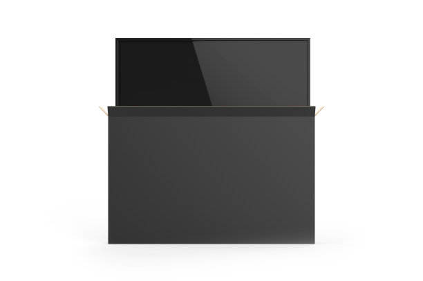 LED电视与重型纸箱包装的品牌，3d插图。图片下载