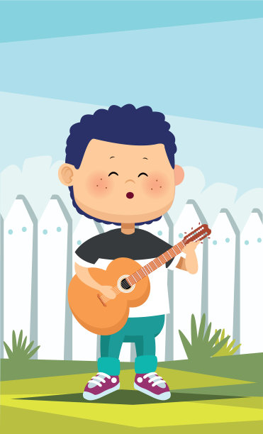 快乐的小男孩在营地弹吉他图片下载
