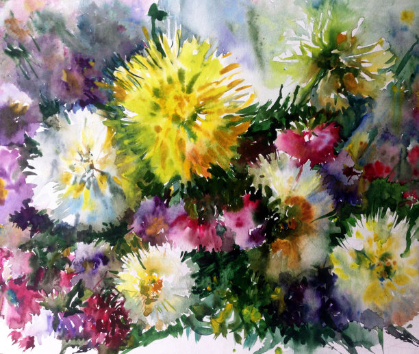 手工花卉图案。美丽温柔浪漫的夏日大丽花，在自然的水彩画技术。图片下载