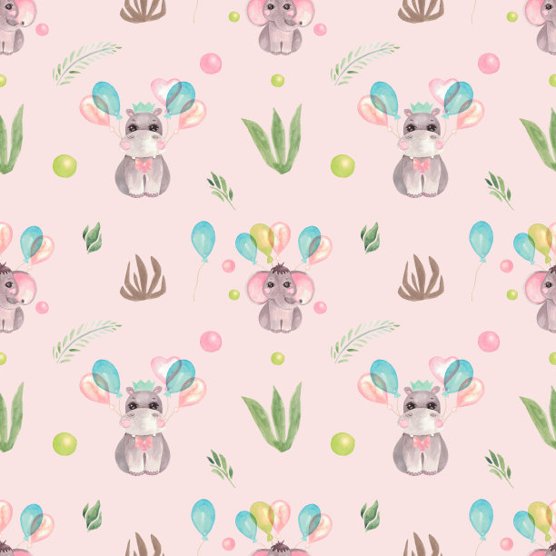 无缝图案水彩插图一个可爱的小河马，大象。节日人物以皇冠、蝴蝶结、热气球为邀请卡，宝宝淋浴婴儿托儿所墙壁艺术粉色背景素材图片