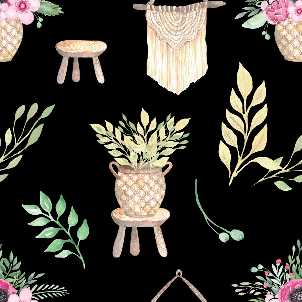 无缝图案水彩插画元素的室内风格在波西米亚乡村植物花柳条篮子，流苏桌，木椅，树叶，树枝在黑色的背景图片下载