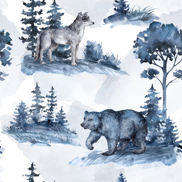 水彩无缝图案有棕熊、狼、山水。野生动物自然元素，动物，树木为儿童纺织，壁纸，海报，明信片，封面图片下载