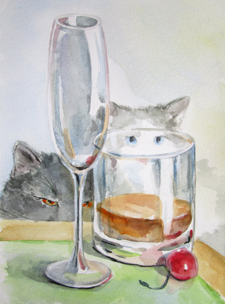 厨房里两只拿着酒杯的猫。图片下载