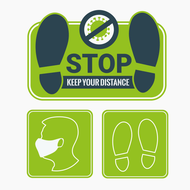 社会距离。有很多人的公共场所的绿色贴纸停止使用，保持距离，戴上口罩，保护自己免受Covid-19疫情的影响。平面设计。标志着社会距离图片下载
