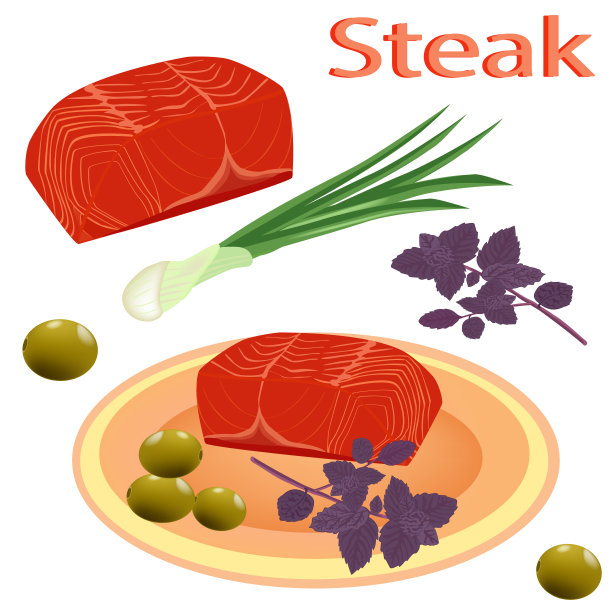 鱼排，柠檬和橄榄。一片孤立在白色背景上的鲑鱼。鱼的矢量图。菜单设计。海鲜。图片下载