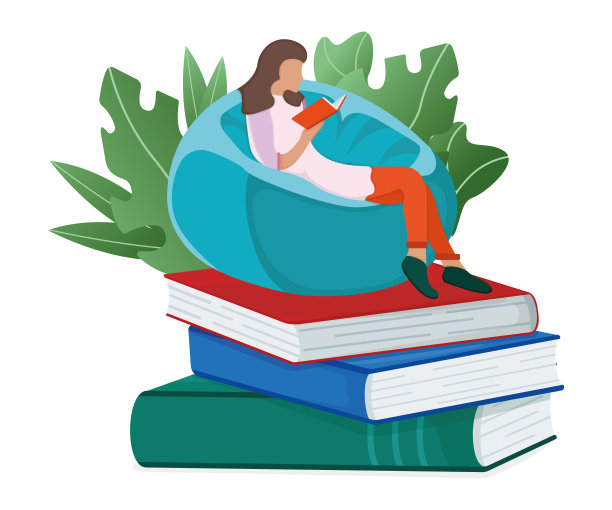 概念在线学习，小女人坐在书架上孤立的白色卡通矢量插图。性格女性的工作场所。图片下载