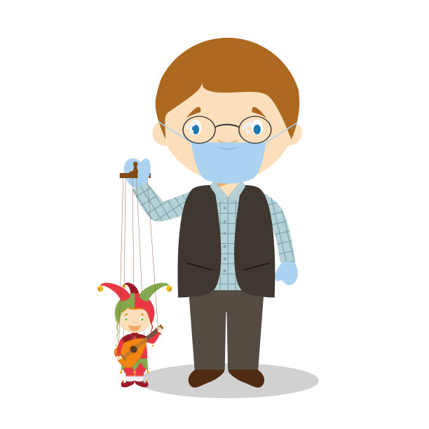 木偶师，捷克共和国的典型木偶，戴着医用口罩和乳胶手套，以防止突发卫生事件图片下载