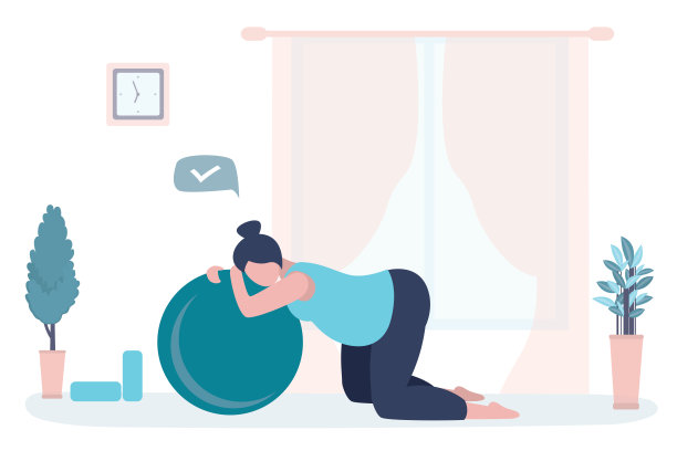 疲惫的孕妇在做运动后用健身球。健身在怀孕期间。保健和运动理念。图片下载