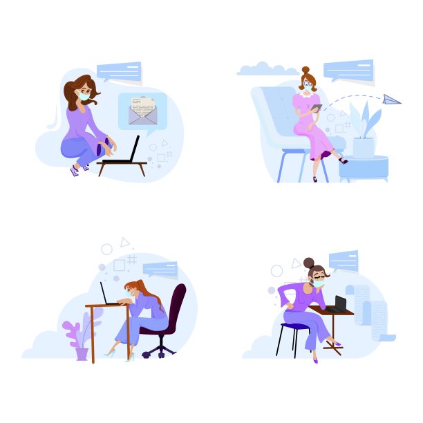 在家或办公室工作的女性使用隔离的口罩片，以及阅读有关经济或冠状病毒的新闻。图片下载