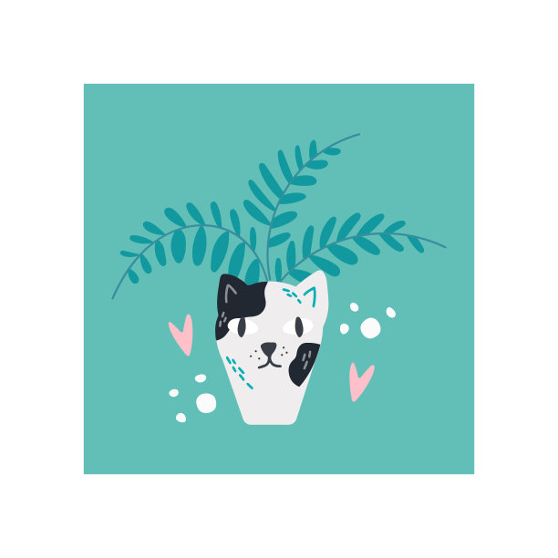 花盆形状的白猫在心与蕨在斯堪的纳维亚风格。独特的手绘幼儿园海报。现代向量插图。图片下载