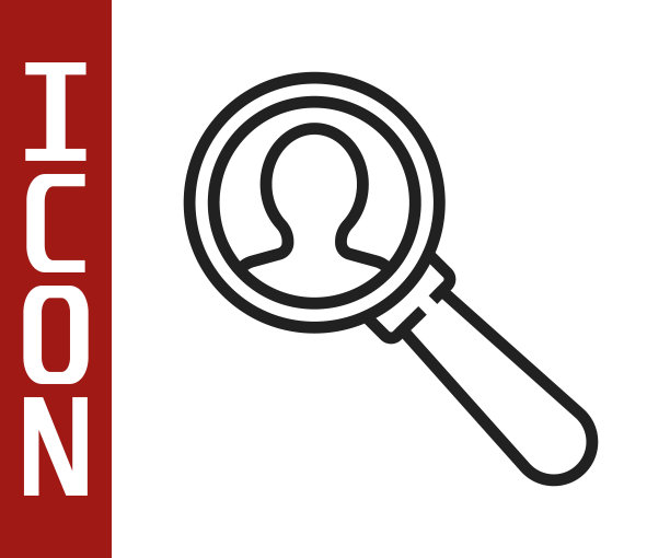 黑线放大镜搜索人图标孤立在白色背景。招聘和选拔。寻找雇员和工作。矢量图图片下载