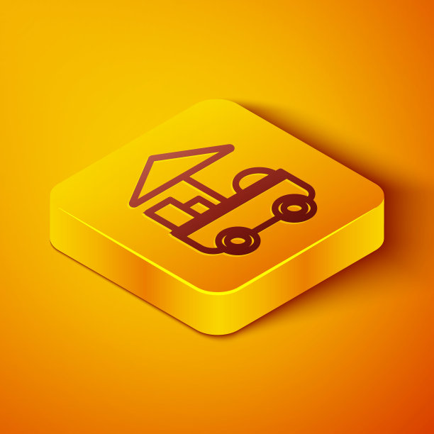 等距线快餐车图标孤立在橙色的背景。城市亭。黄色正方形按钮。矢量图图片下载