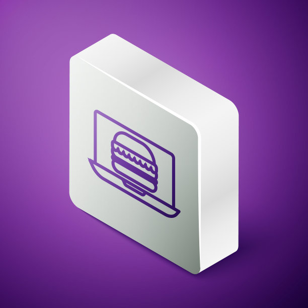 紫色背景上孤立的在线订购和汉堡外卖图标。银广场按钮。矢量图图片下载