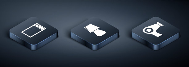 设置等距微波炉，吹风机和台灯图标。向量图片下载