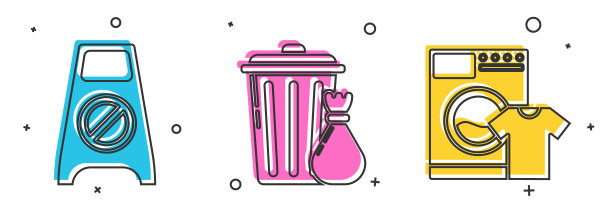 设置湿地板和清洁在进行中，垃圾桶和垃圾袋，洗衣机和t恤图标。向量素材图片