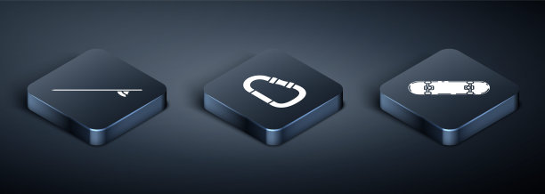 设置等距冲浪板，滑板技巧和钩环图标。向量图片下载