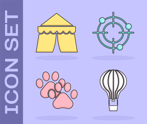 设置热气球，马戏团帐篷，爪印和目标体育射击比赛图标。向量素材图片