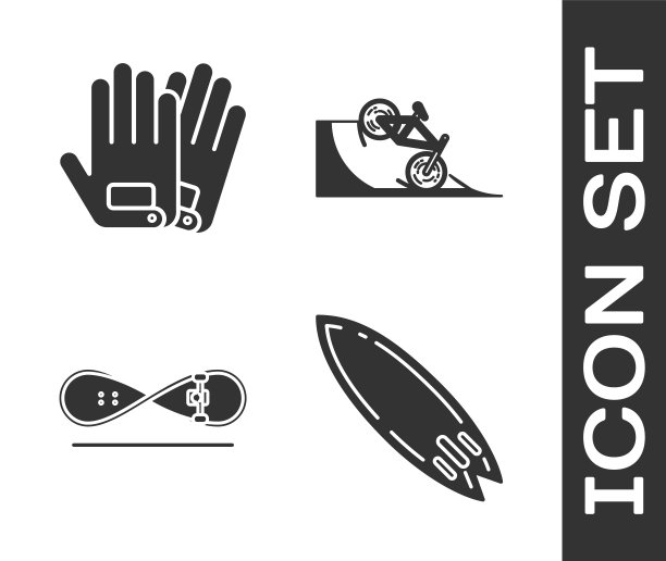 设置冲浪板，手套，滑板把戏和自行车在街道坡道图标。向量图片下载